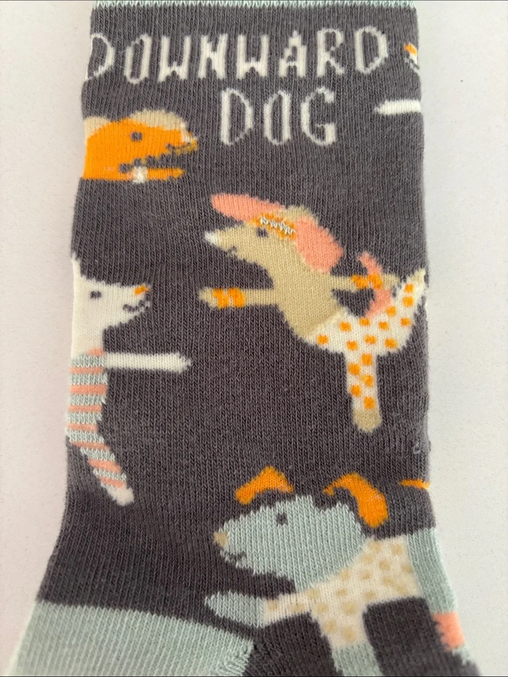 Karma Gray Crew Socks with Mint Cuff and Multicolor Dog Pattern